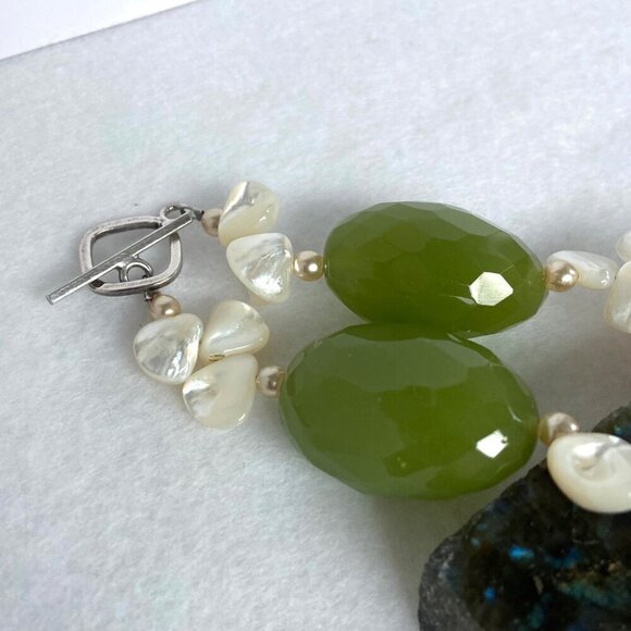 Sterling Silver 925 Beaded Oval Faceted Chrysoprase MOP & Pearl Necklace 17.5" - Picture 12 of 16